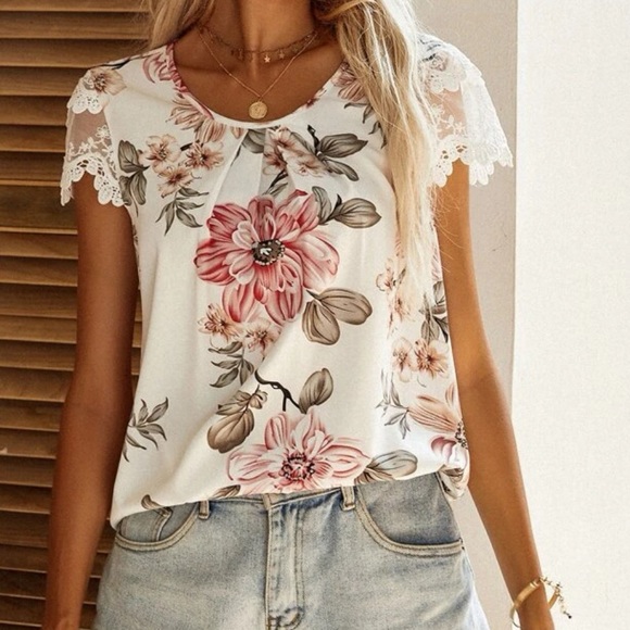 Boho floral print lace trim  blouse - Picture 5 of 6